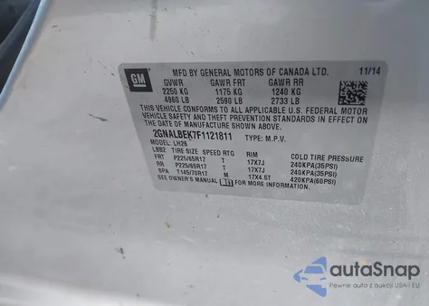 2015 Chevrolet Equinox 1Lt из США, поврежденный, VIN 2GNALBEK7F1121811